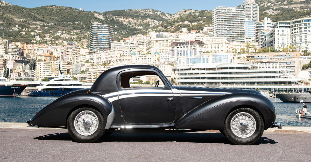 Side of Louis Chiron's 1947 Delahaye 135 MS Sport Coupé by Chapron offered at RM Sotheby's Monaco live auction 2022