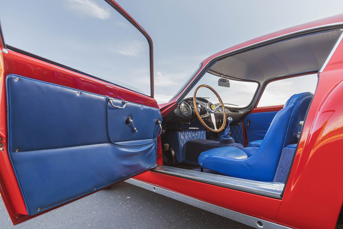 Interior of 1959 Ferrari 250 GT LWB Berlinetta 'Tour de France' by Scaglietti offered at RM Sotheby’s Monterey live auction 2022