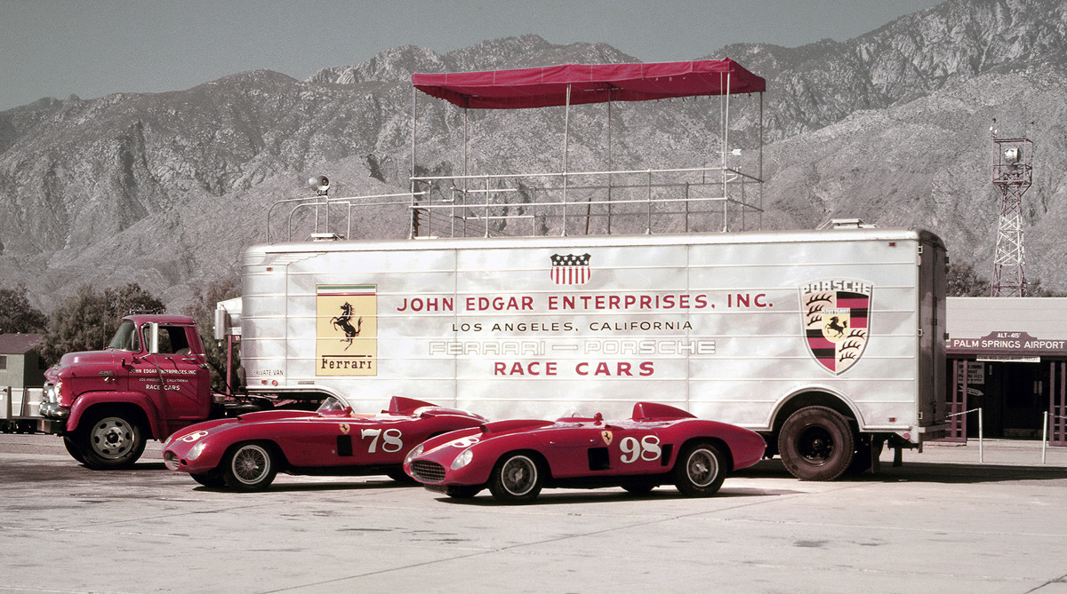 Ferrari 375 Plus and Ferrari 410 Sport with the famous John Edgar Enterprises’ GMC-Fruehauf transporter at Palm Springs