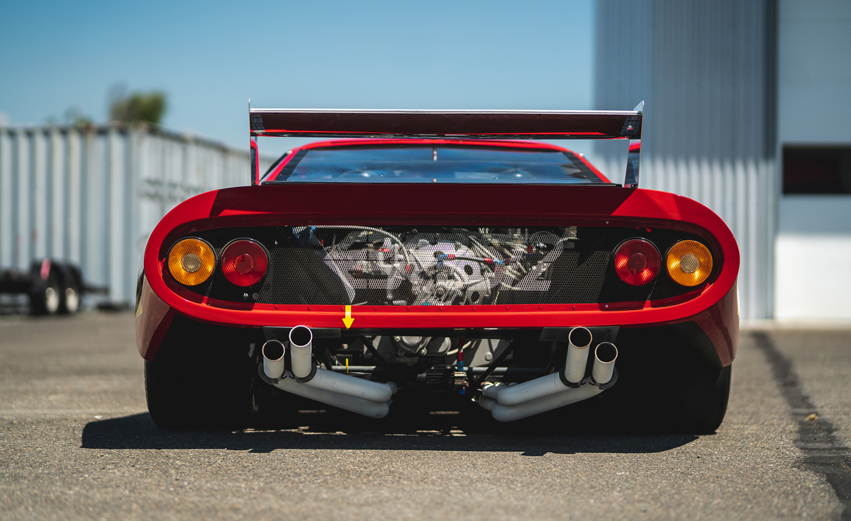 Exhaust pipes of 1979 Ferrari 512 BB/LM ‘Silhouette’ by Pininfarina offered at RM Sotheby's Monterey live auction 2022
